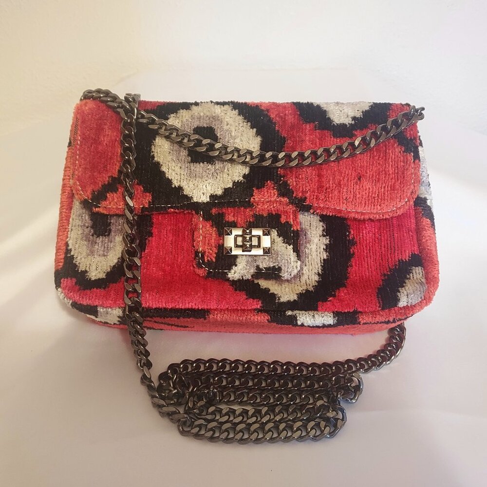 Evil Eye Ayca Design Silk Velvet Ikat Red Crossbody Bag Adjustable Chain